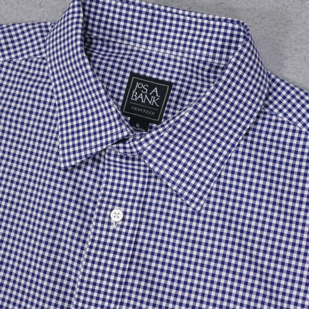 Jos A Bank Traveler Shirt Mens XL Blue Check Button Up Long Sleeve